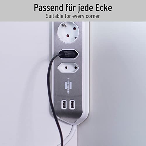 brennenstuhl Estilo Ecksteckdosenleiste 4-Fach (Tischsteckdose mit Edelstahloberfläche, Ecksteckdose mit 2X Schutzkontakt-Steckdosen, 2X Euro-Steckdosen, inkl. USB-Ladefunktion) Silber/weiß