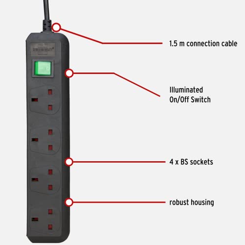 Brennenstuhl 1150403 Eco Verlängerungs-Sockel, 4-Wege, Schwarz 1,5 m, 05VV-F 3G1,25