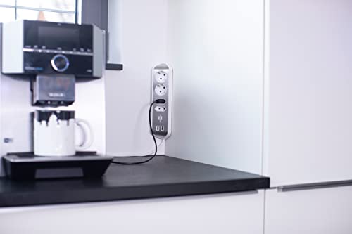 brennenstuhl Estilo Ecksteckdosenleiste 4-Fach (Tischsteckdose mit Edelstahloberfläche, Ecksteckdose mit 2X Schutzkontakt-Steckdosen, 2X Euro-Steckdosen, inkl. USB-Ladefunktion) Silber/weiß