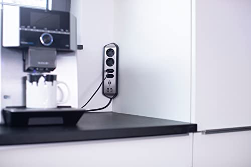 brennenstuhl Estilo Ecksteckdosenleiste 4-Fach (Tischsteckdose mit Edelstahloberfläche, Ecksteckdose mit 2X Schutzkontakt-Steckdosen, 2X Euro-Steckdosen, inkl. USB-Ladefunktion) Silber/schwarz