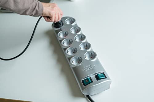 Brennenstuhl Primera-Line, Steckdosenleiste 10-Fach (Mehrfachsteckdose mit 2 Schaltern für je 5 Steckdosen und 2m Kabel) Silber