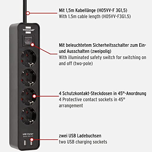 Brennenstuhl Ecolor Steckdosenleiste 4-Fach mit USB-Ladebuchse (Mehrfachsteckdose mit 2X USB Charger, Schalter und 1,5m Kabel) schwarz