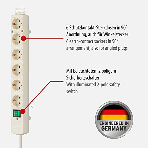 Brennenstuhl Comfort-Line Plus, Steckdosenleiste 6-Fach (Mehrfachsteckdose mit Flachstecker und Schalter, Mehrfachsteckdose mit 2m Kabel und extra Breiten Abständen der Steckdosen) weiß
