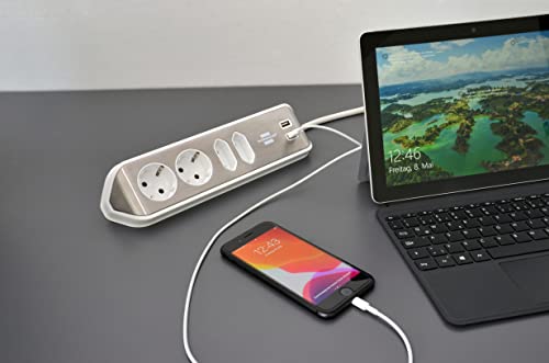 brennenstuhl Estilo Ecksteckdosenleiste 4-Fach (Tischsteckdose mit Edelstahloberfläche, Ecksteckdose mit 2X Schutzkontakt-Steckdosen, 2X Euro-Steckdosen, inkl. USB-Ladefunktion) Silber/weiß