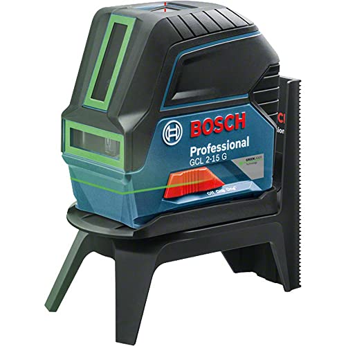 Bosch Professional Kreuzlinienlaser GCL 2-15 G (grüner Laser, Innenbereich, mit Lotpunkten, Arbeitsbereich: 15 m, 3x 1,5 V Batterien, Drehhalterung RM 1, Laserzieltafel, Handwerkerkoffer), Blau