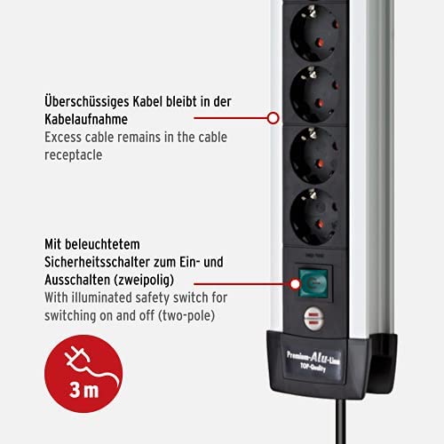 Brennenstuhl Premium-Alu-Line, Steckdosenleiste 6-Fach/Steckerleiste aus hochwertigem Aluminium (Mehrfachsteckdose mit Schalter und 3m Kabel, Made in Germany) Silber/schwarz