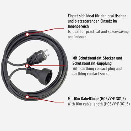 Brennenstuhl Qualitäts- Kunststoff-Verlängerungskabel mit Schutzkontakt-Stecker und -Kupplung (Verlängerungskabel für innen mit 10m Kabel) schwarz