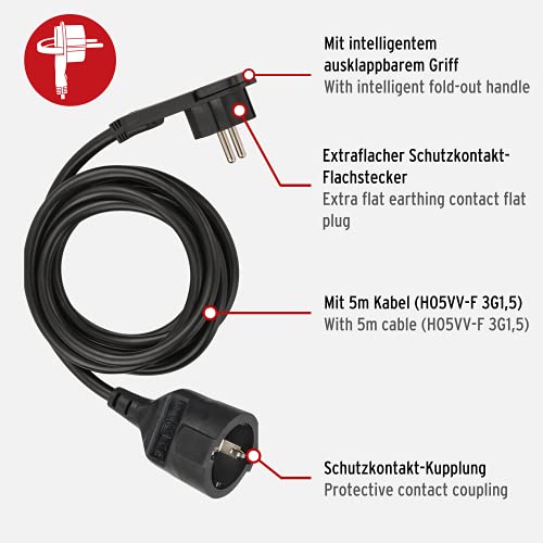 Brennenstuhl Qualitäts-Kunststoff-Verlängerungskabel mit Flachstecker (Verlängerungskabel flach für innen mit 5m Kabel) schwarz