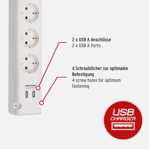 Brennenstuhl Bremounta Steckdosenleiste 5-fach mit USB-Ladefunktion (Mehrfachsteckdose mit 90 Grad Steckdosen, Steckerleiste mit Schalter, Befestigungsmöglichkeit und 3m Kabel) weiß