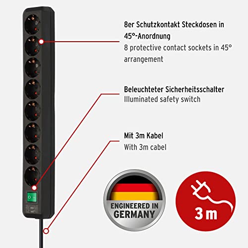 Brennenstuhl Eco-Line Steckdosenleiste 8-Fach (Steckerleiste mit erhöhtem Berührungsschutz, Schalter und 3m Kabel) schwarz