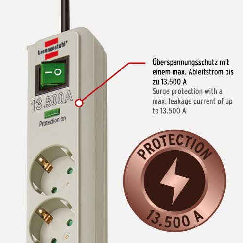 Brennenstuhl Eco-Line Steckdosenleiste 6-Fach mit Überspannungsschutz (Mehrfachsteckdose mit erhöhtem Berührungsschutz, Schalter und 1,5m Kabel) PC-Grau