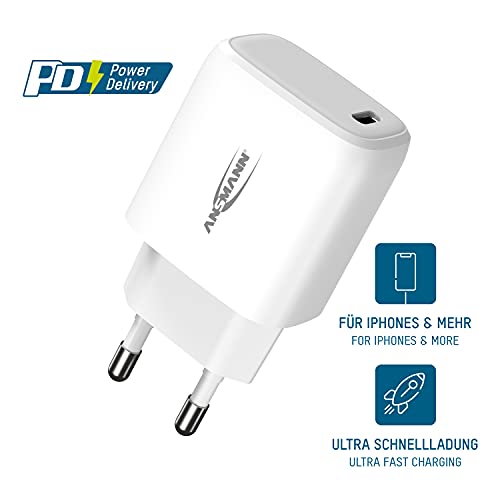 Ansmann iPhone Ladegerät 20W - USB C Port mit Power Delivery 3.0, kompatibel mit iPhone 12/12 Mini/12 Pro/12 Pro Max, Galaxy, Pixel 4/3, iPad Pro, AirPods Pro, Weiß