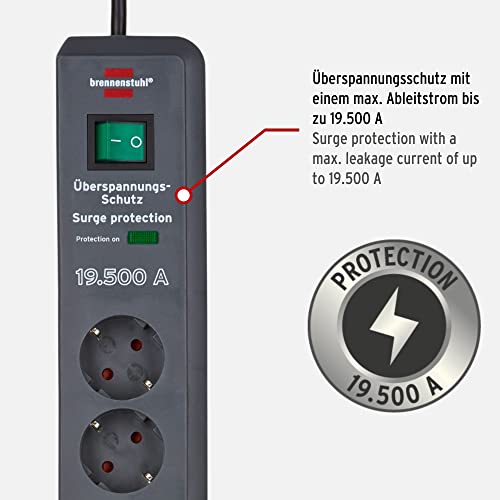 Brennenstuhl Secure-Tec Steckdosenleiste 6-Fach mit Überspannungsschutz (Mehrfachsteckdose mit 2m Kabel und Schalter, Engineered in Germany) grau