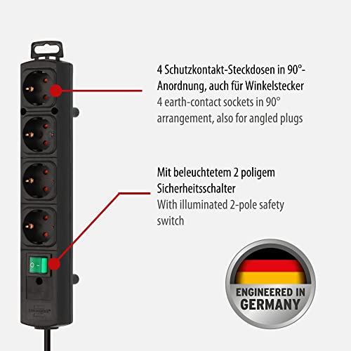 Brennenstuhl Comfort-Line Plus Steckdosenleiste 4-Fach (Mehrfachsteckdose mit Flachstecker, Schalter, 2m Kabel und extra breite Abstände der Steckdosen) schwarz