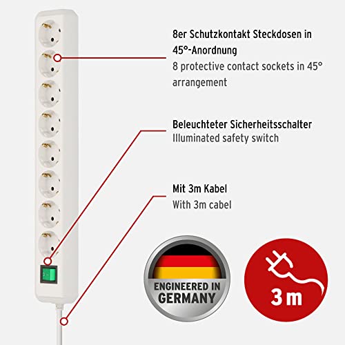 Brennenstuhl Eco-Line, Steckdosenleiste 8-Fach (Mehrfachsteckdose mit erhöhtem Berührungsschutz, Schalter und 3m Kabel) weiß