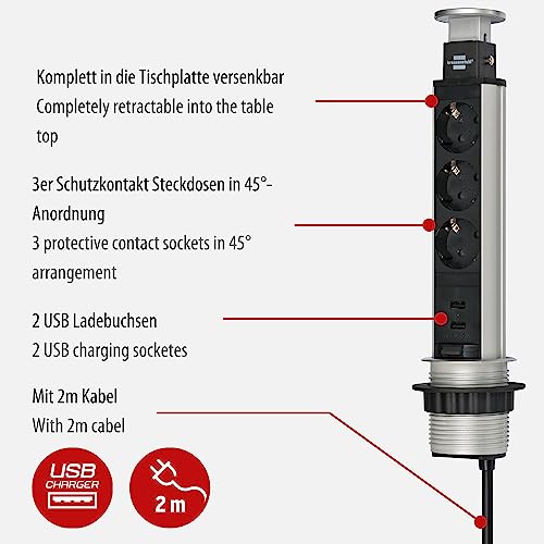 Brennenstuhl Tower Power, Tischsteckdosenleiste 3-fach (versenkbare Steckdosenleiste, 2-fach USB, 2m Kabel, komplett in Tischplatte versenkbar) silber/schwarz