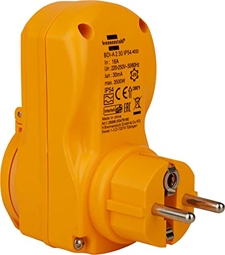 Brennenstuhl Personenschutz-Adapter BDI-A 2 30 IP54 / Personenschutzstecker für außen (zweipolige Abschaltung, 30mA)