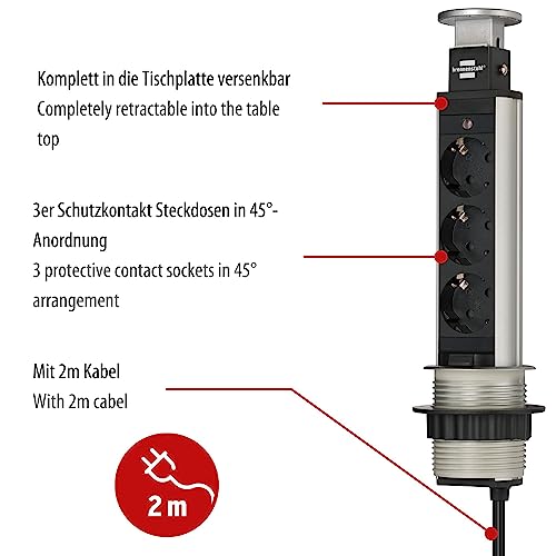 Brennenstuhl Tower Power Tischsteckdosenleiste 3-fach (versenkbare Steckdosenleiste, Mehrfachsteckdose mit 2m Kabel, komplett in Tischplatte versenkbar) alu/schwarz