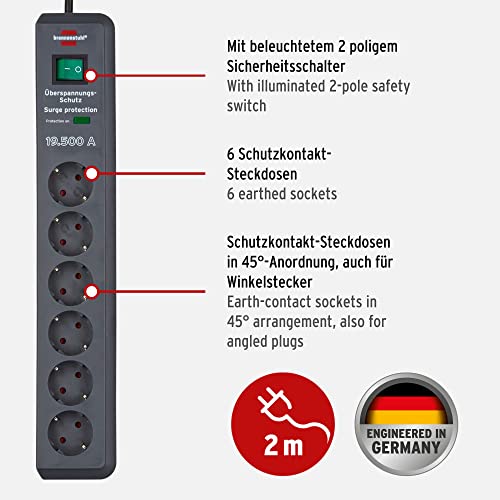 Brennenstuhl Secure-Tec Steckdosenleiste 6-Fach mit Überspannungsschutz (Mehrfachsteckdose mit 2m Kabel und Schalter, Engineered in Germany) grau