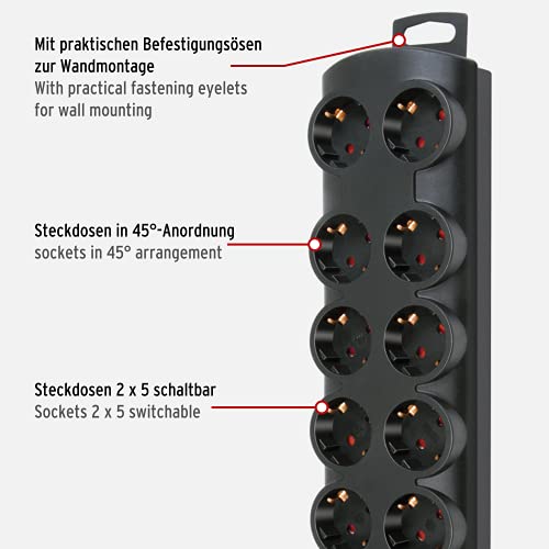 Brennenstuhl Primera-Line Steckdosenleiste 10-Fach (Mehrfachsteckdose mit 2 Schaltern für je 5 Steckdosen und 2m Kabel) Schwarz