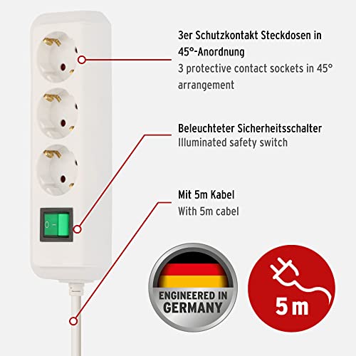 Brennenstuhl Eco-Line, Steckdosenleiste 3-fach (Mehrfachsteckdose mit erhöhtem Berührungsschutz, Schalter und 5m Kabel) weiß