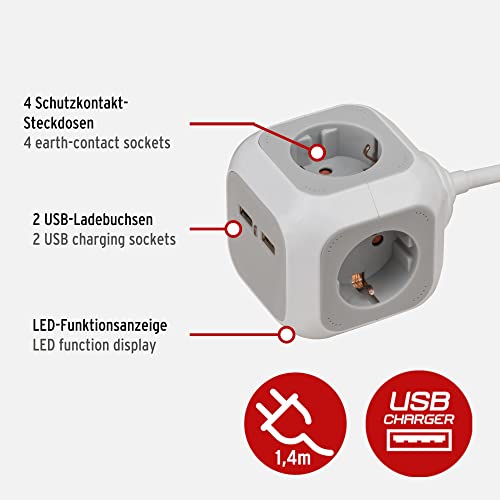 Brennenstuhl ALEA-Power USB-Charger Steckdosenblock/Steckdosenwürfel 4-fach (mit 2x USB, 1,4m Kabel und erhöhtem Berührungsschutz)