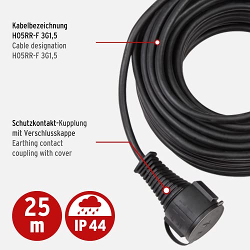 Brennenstuhl Qualitäts-Gummi-Verlängerungskabel 25m (IP44, Kabel für außen) schwarz