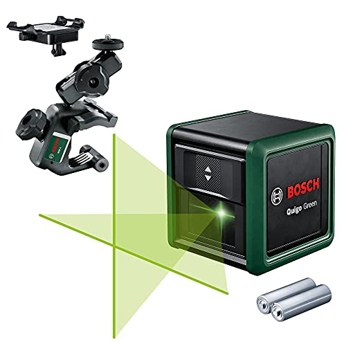 Bosch Kreuzlinienlaser Quigo Green mit Universalklemme MM 2 (grüner Laser für bessere Sichtbarkeit, Gehäuse aus recyceltem Kunststoff)