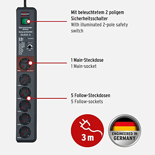 Brennenstuhl Secure-Tec Steckdosenleiste 6-Fach mit Überspannungsschutz und Main Follow Funktion (Mehrfachsteckdose mit Schalter und 3m Kabel) anthrazit