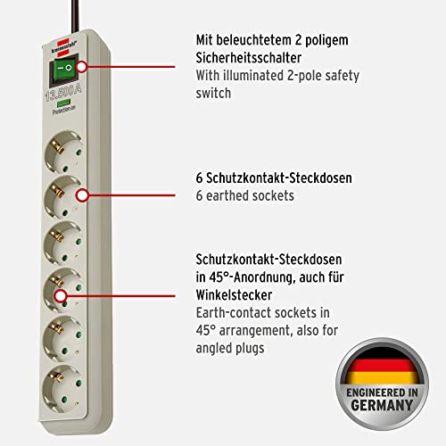Brennenstuhl Eco-Line Steckdosenleiste 6-Fach mit Überspannungsschutz (Mehrfachsteckdose mit erhöhtem Berührungsschutz, Schalter und 1,5m Kabel) PC-Grau