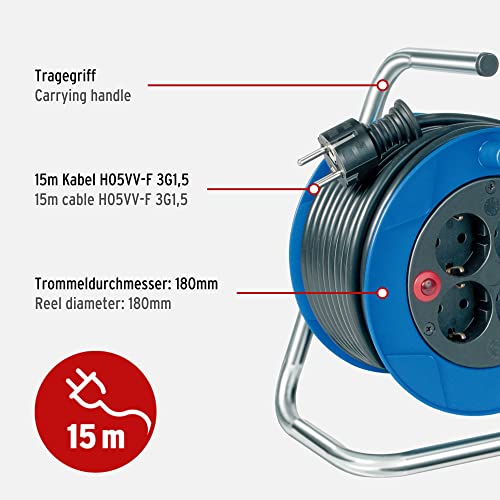 Brennenstuhl Garant Kompakt Kabeltrommel/Indoor-Kabeltrommel mit 4 Steckdosen (15m Kabel in schwarz, aus Spezialkunststoff, Made in Germany)