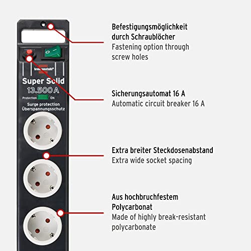 Brennenstuhl Super-Solid Steckdosenleiste 5-Fach mit Überspannungsschutz (Mehrfachsteckdose mit 2,5m Kabel und Schalter - aus bruchfestem Polycarbonat) schwarz/grau