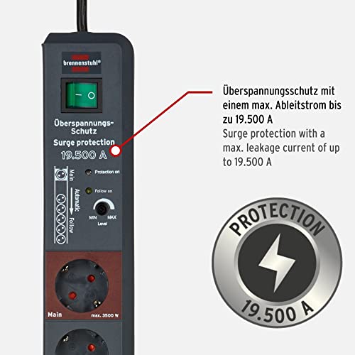 Brennenstuhl Secure-Tec Steckdosenleiste 6-Fach mit Überspannungsschutz und Main Follow Funktion (Mehrfachsteckdose mit Schalter und 3m Kabel) anthrazit