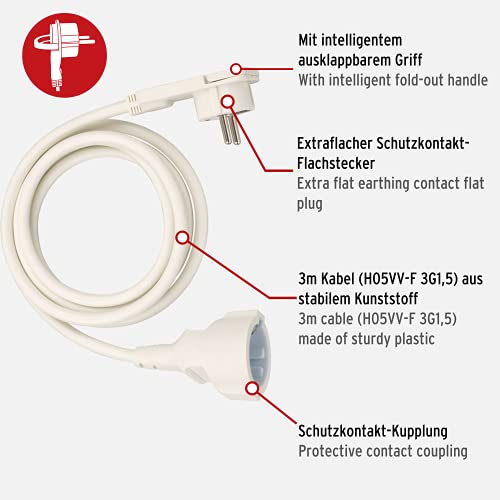 Brennenstuhl Qualitäts-Kunststoff-Verlängerungskabel mit Flachstecker (Verlängerungskabel flach für innen mit 3m Kabel) weiß