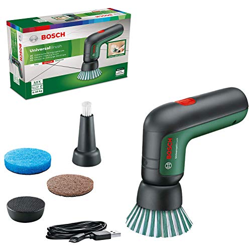 Bosch Home and Garden Akku Reinigungsbürste UniversalBrush (integrierter 3,6-V-Akku, 1 Micro-USB-Kabel und 4 Reinigungsaufsätze enthalten, im Karton) Grün, Norme