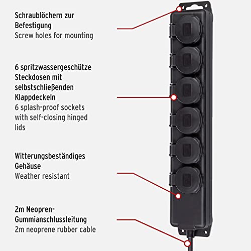 Brennenstuhl Steckdosenverteiler IP44 6-fach (Steckdosenleiste für den Baustelleneinsatz und den ständigen Einsatz im Freien, 2m Kabel) schwarz