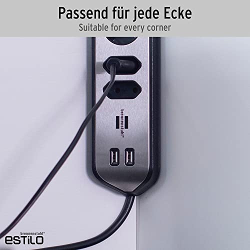 brennenstuhl Estilo Ecksteckdosenleiste 4-Fach (Tischsteckdose mit Edelstahloberfläche, Ecksteckdose mit 2X Schutzkontakt-Steckdosen, 2X Euro-Steckdosen, inkl. USB-Ladefunktion) Silber/schwarz