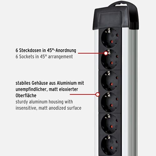 Brennenstuhl Premium-Alu-Line, Steckdosenleiste 6-Fach/Steckerleiste aus hochwertigem Aluminium (Mehrfachsteckdose mit Schalter und 3m Kabel, Made in Germany) Silber/schwarz