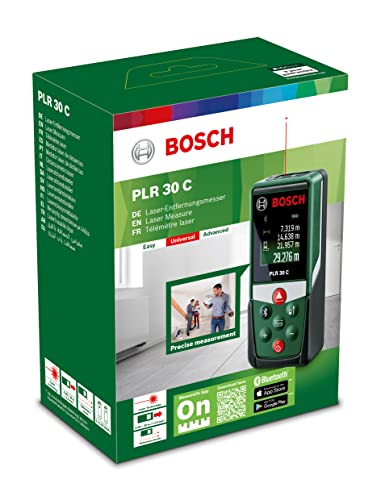 Bosch Laserentfernungsmesser PLR 30 C (Distanz bis 30m präzise messen, Bluetooth-Konnektivität, Messfunktionen)