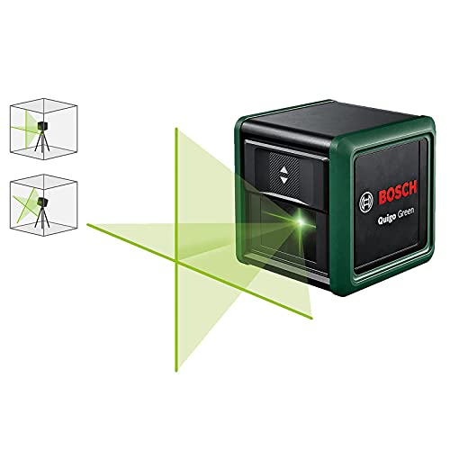 Bosch Kreuzlinienlaser Quigo Green mit Universalklemme MM 2 (grüner Laser für bessere Sichtbarkeit, Gehäuse aus recyceltem Kunststoff)
