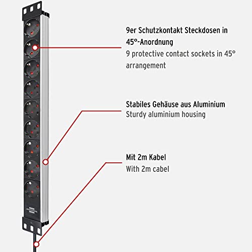 Brennenstuhl Alu-Line 19" Steckdosenleiste 9-Fach - Steckerleiste aus hochwertigem Aluminium (2m Kabel), Silber/schwarz