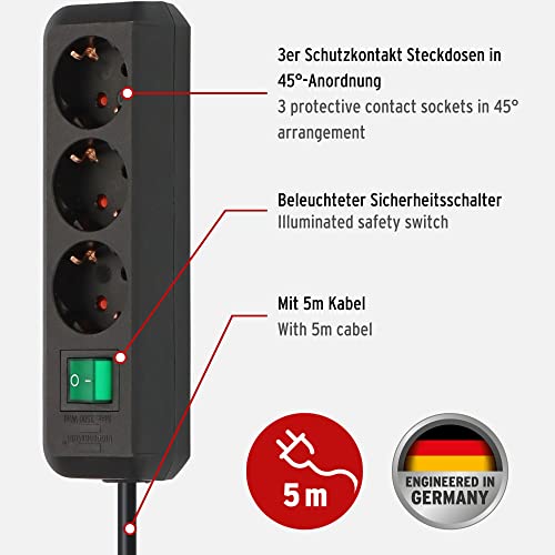 Brennenstuhl Eco-Line, Steckdosenleiste 3-fach (Mehrfachsteckdose mit erhöhtem Berührungsschutz, Schalter und 5m Kabel) schwarz