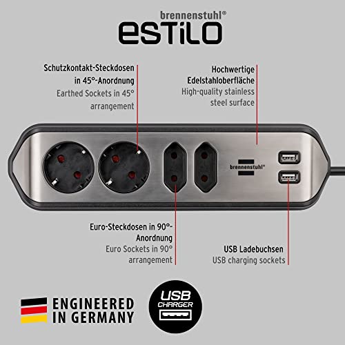 brennenstuhl Estilo Ecksteckdosenleiste 4-Fach (Tischsteckdose mit Edelstahloberfläche, Ecksteckdose mit 2X Schutzkontakt-Steckdosen, 2X Euro-Steckdosen, inkl. USB-Ladefunktion) Silber/schwarz