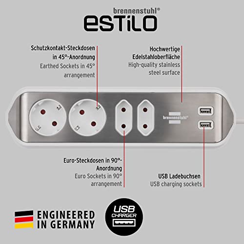 brennenstuhl Estilo Ecksteckdosenleiste 4-Fach (Tischsteckdose mit Edelstahloberfläche, Ecksteckdose mit 2X Schutzkontakt-Steckdosen, 2X Euro-Steckdosen, inkl. USB-Ladefunktion) Silber/weiß