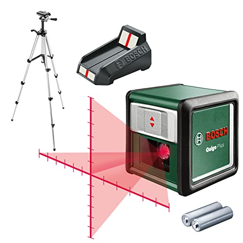 Bosch Kreuzlinienlaser Quigo Plus mit Stativ (einfaches Ausrichten in gleichen und variablen Abständen dank Markierungen auf der Laserlinie)