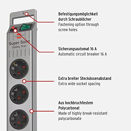 Brennenstuhl Super-Solid Steckdosenleiste 5-Fach (Mehrfachsteckdose mit Schalter und 2,5m Kabel - aus bruchfestem Polycarbonat) schwarz/Silber