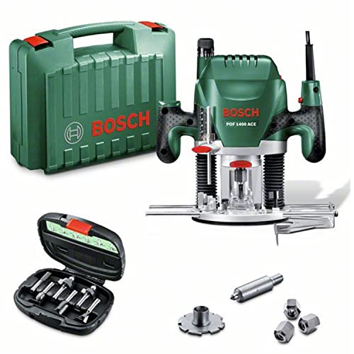 Bosch DIY Oberfräse POF 1400 ACE, Absaugadapter, Gabelschlüssel, Kopierhülse, Nutfräser, Parallelanschlag, Zentrierstift, 3 Spannzangen, Koffer (1400 W, Werkzeugaufnahme 6 mm)