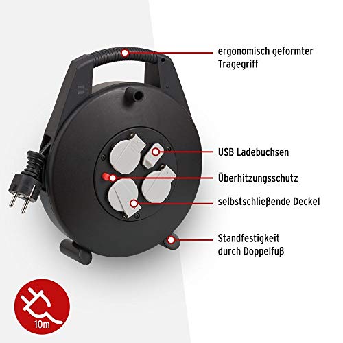 Brennenstuhl Vario Line Kabelbox 3-fach mit USB/Mini-Kabeltrommel für den Innenbereich (Indoor-Kabeltrommel mit USB-Ladefunktion und 10m Kabel, Made in Germany) schwarz