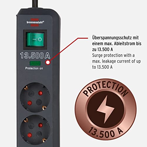 Brennenstuhl Eco-Line, Steckdosenleiste 3-Fach mit Überspannungsschutz (Mehrfachsteckdose mit Schalter und 1,5m Kabel - besonders stromsparend) anthrazit
