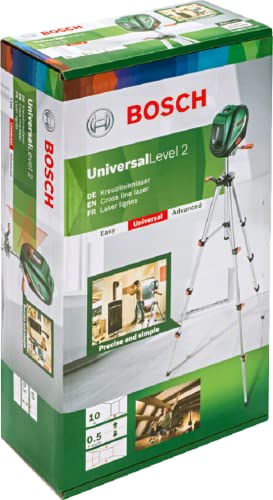 Bosch Kreuzlinienlaser UniversalLevel 2 mit Stativ (Laserkreuz inkl. integrierter Lotpunkte für präzises Ausrichten und einfache Transferanwendung)